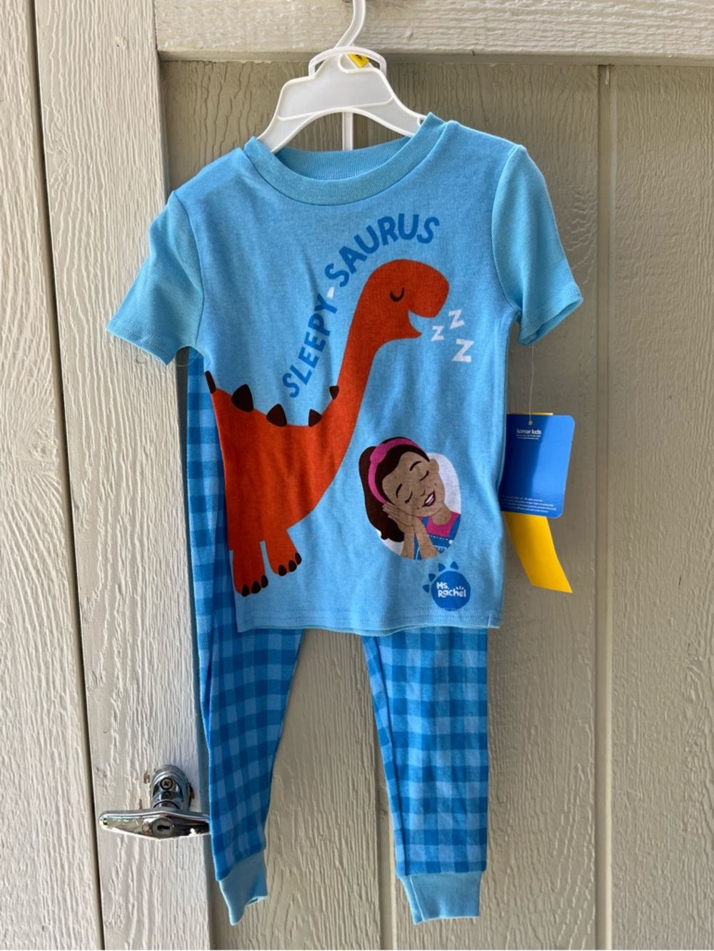 Rachel Light Blue Kids "Sleepy Saurus" Pajama Set with Orange Dino Graphic
